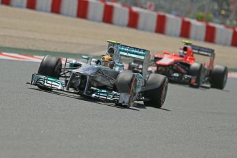 World © Octane Photographic Ltd. F1 Spanish GP, Circuit de Catalunya, Friday 10th May 2013. Practice 2. Mercedes - Lewis Hamilton and Marussia - Max Chilton. Digital Ref : 0661cb1d9495