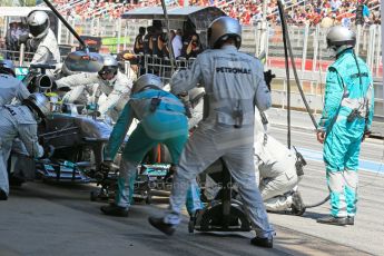 World © 2013 Octane Photographic Ltd. F1 Spanish GP, Circuit de Catalunya - Sunday 12th May 2013 - Race. Mercedes W04 - Nico Rosberg pit stop. Digital Ref : 0673cb1d2664