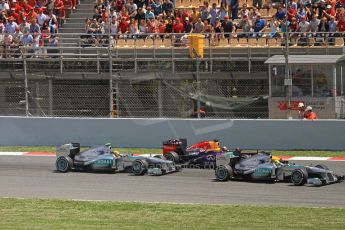 World © 2013 Octane Photographic Ltd. F1 Spanish GP, Circuit de Catalunya - Sunday 12th May 2013 - Race. Mercedes W04 – Lewis Hamilton and Nico Rosberg with Infiniti Red Bull Racing RB9 - Sebastian Vettel in the middle . Digital Ref: 0673cb7d9342