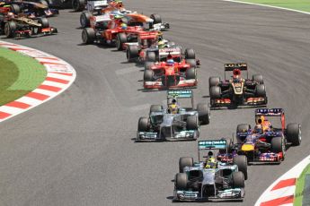 World © 2013 Octane Photographic Ltd. F1 Spanish GP, Circuit de Catalunya - Sunday 12th May 2013 - Race. Mercedes W04 – Nico Rosberg leading the opening lap. Digital Ref: 0673cb7d9355