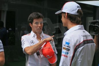 World © Octane Photographic Ltd. F1 Spanish GP Thursday 9th May 2013. Sergio Perez - Vodafone McLaren Mercedes and Esteban Gutierrez - Sauber. Press Conference. (paddock outside press room). Digital Ref :