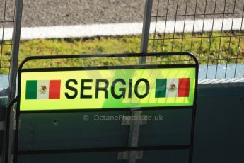 World © Octane Photographic Ltd. Formula 1 Winter testing, Jerez, 6th February 2013. Vodafone McLaren Mercedes. Sergio Perez' pit board. Digital Ref: 0572cb7d6988