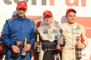 World © Octane Photographic Ltd. F3 Cup – Oulton Park, Monday 1st April 2013 – Race 2. Alice Powell – Mark Bailey Racing, Henry Chart – Enigma Motorsport and James Ledamun – TRS Harnesses . Digital Ref : 0626lw7d3917