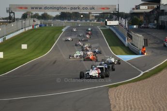 World © Octane Photographic Ltd. BRDC Formula 4 (F4) Race 1, Donington Park 28th September 2013. MSVF4-13, Lanan Racing, Jake Hughes leads the pack away on the green flag installation lap. Digital Ref : 0833lw1d9211