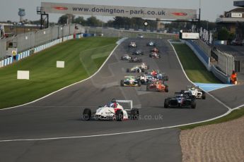 World © Octane Photographic Ltd. BRDC Formula 4 (F4) Race 1, Donington Park 28th September 2013. MSVF4-13, Lanan Racing, Jake Hughes leads the pack away on the green flag installation lap. Digital Ref : 0833lw1d9213