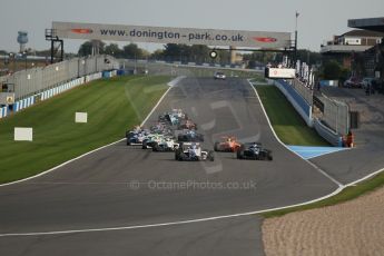 World © Octane Photographic Ltd. BRDC Formula 4 (F4) Race 1, Donington Park 28th September 2013. MSVF4-13, Lanan Racing, Jake Hughes leads the pack as the race starts. Digital Ref : 0833lw1d9218