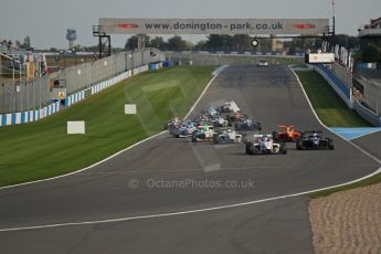 World © Octane Photographic Ltd. BRDC Formula 4 (F4) Race 1, Donington Park 28th September 2013. MSVF4-13, Lanan Racing, Jake Hughes leads the pack as the race starts as James Greenway's nose bodywork goes flying. Digital Ref : 0833lw1d9222