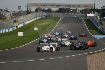 vWorld © Octane Photographic Ltd. BRDC Formula 4 (F4) Race 1, Donington Park 28th September 2013. MSVF4-13, Lanan Racing, Jake Hughes leads the pack as the race starts as James Greenway's nose bodywork goes flying. Digital Ref : 0833lw1d9225