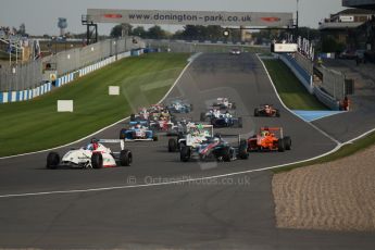 World © Octane Photographic Ltd. BRDC Formula 4 (F4) Race 1, Donington Park 28th September 2013. MSVF4-13, Lanan Racing, Jake Hughes leads the pack as the race starts. Digital Ref : 0833lw1d9227