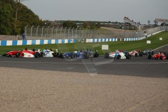 World © Octane Photographic Ltd. BRDC Formula 4 (F4) Race 1, Donington Park 28th September 2013. MSVF4-13, The pack heads around Red Gate for the 1st time. Digital Ref : 0833lw1d9231