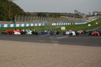 World © Octane Photographic Ltd. BRDC Formula 4 (F4) Race 1, Donington Park 28th September 2013. MSVF4-13, The pack heads around Red Gate for the 1st time. Digital Ref : 0833lw1d9231