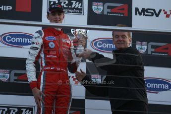 World © Octane Photographic Ltd. BRDC Formula 4 (F4) Race 1, Donington Park 28th September 2013. MSVF4-13, Hillspeed, Seb Morris receives his trophy from Jonathan Palmer. Digital Ref : 0833lw1d9248