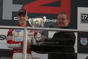 World © Octane Photographic Ltd. BRDC Formula 4 (F4) Race 1, Donington Park 28th September 2013. MSVF4-13, Lanan Racing, race winner Jake Hughes receives his trophy from Jonathan Palmer. The race win was enough to earn him the inaugural F4 championship title. Digital Ref : 0833lw1d9271