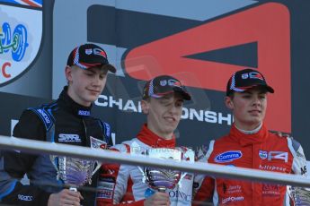 World © Octane Photographic Ltd. BRDC Formula 4 (F4) Race 1, Donington Park 28th September 2013. MSVF4-13, Jake Dalton, Seb Morris and Matthew (Matty) Graham on the podium. Digital Ref : 0833lw1d9888