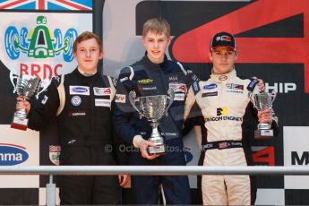 World © Octane Photographic Ltd. Brands Hatch, Championship presentation, Sunday 24th November 2013. BRDC Formula 4 Winter Series champion Matthew (Matty) Graham – Douglas Motorsport, Jack Cook (2nd) – Hillspeed, and Sennan Fielding (3rd) – HHC Motorsport. Digital Ref : 0869cb1d8134