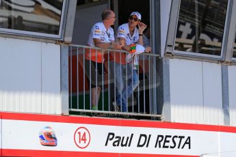 World © Octane Photographic Ltd. Monaco Formula One, Wednesday 22nd May 2013, Monte Carlo. Adrian Sutil of Sahara Force India surveys the pitlane setup work above Paul di Resta's garage. Digital Ref : 0691lw1d6690