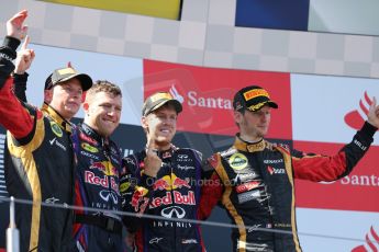 World © Octane Photographic Ltd. F1 German GP - Nurburgring. Sunday 7th July 2013 - Podium. Infiniti Red Bull Racing - Race Winner Sebastian Vettel and Joe Robinson and Lotus F1 Team's Kimi Raikkonen and Romain Grosjean. Digital Ref : 0750au8i0615