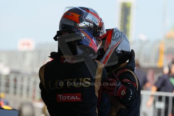 World © Octane Photographic Ltd. F1 German GP - Nurburgring. Sunday 7th July 2013 - Parc Ferme. Lotus F1 Team - Kimi Raikkonen and Romain Grosjean. Digital Ref : 0750lw1d5307