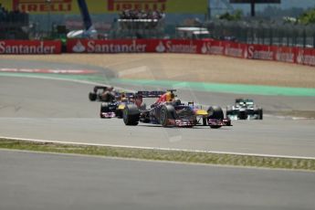 World © Octane Photographic Ltd. F1 German GP - Nurburgring. Sunday 7th July 2013 - Race. Infiniti Red Bull Racing RB9 - Sebastian Vettel and Mark Webber pull away from Lewis Hamilton's Mercedes. Digital Ref : 0749lw1dx9381