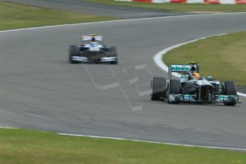 World © Octane Photographic Ltd. F1 German GP - Nurburgring. Saturday 6th July 2013 - Practice three. Mercedes AMG Petronas F1 W04 – Lewis Hamilton and Williams FW35 - Valtteri Bottas. Digital Ref : 0744lw1d6124