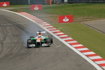 World © Octane Photographic Ltd. F1 German GP - Nurburgring. Saturday 6th July 2013 - Qualifying. Sahara Force India VJM06 - Paul di Resta locks a brake. Digital Ref : 0745lw1d6948