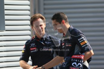 World © Octane Photographic Ltd. F1 German GP - Nurburgring, Sunday 7th July 2013 - Paddock. Infiniti Red Bull Racing - Christian Horner and reserve driver Sebastien Buemi. Digital Ref : 0748lw1d7910