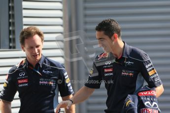 World © Octane Photographic Ltd. F1 German GP - Nurburgring, Sunday 7th July 2013 - Paddock. Infiniti Red Bull Racing - Christian Horner and reserve driver Sebastien Buemi. Digital Ref : 0748lw1d7912