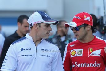 World © Octane Photographic Ltd. F1 German GP - Nurburgring, Sunday 7th July 2013 - Paddock. Pastor Maldonado and Felipe Massa. Digital Ref : 0748lw1dx9181