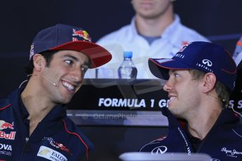 World © Octane Photographic Ltd. F1 German GP - Nurburgring. Thursday 4th July 2013 - Press Conference. Infiniti Red Bull Racing RB9 - Sebastian Vettel talking with Scuderia Toro Rosso STR 8 - Daniel Ricciardo. Digital Ref : 0738lw1d2929