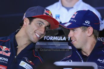 World © Octane Photographic Ltd. F1 German GP - Nurburgring. Thursday 4th July 2013 - Press Conference. Infiniti Red Bull Racing RB9 - Sebastian Vettel talking with Scuderia Toro Rosso STR 8 - Daniel Ricciardo. Digital Ref : 0738lw1d2940