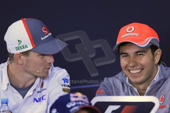 World © Octane Photographic Ltd. F1 German GP - Nurburgring. Thursday 4th July 2013 - Press Conference. Sauber C32 - Nico Hulkenberg talking with Vodafone McLaren Mercedes MP4/28 - Sergio Perez. Digital Ref : 0738lw1d2980