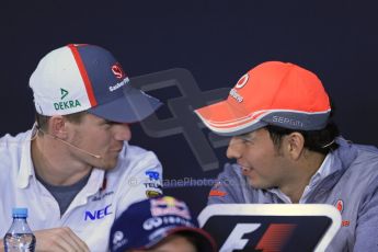 World © Octane Photographic Ltd. F1 German GP - Nurburgring. Thursday 4th July 2013 - Press Conference. Sauber C32 - Nico Hulkenberg talking with Vodafone McLaren Mercedes MP4/28 - Sergio Perez. Digital Ref : 0738lw1d2985