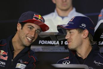 World © Octane Photographic Ltd. F1 German GP - Nurburgring. Thursday 4th July 2013 - Press Conference. Infiniti Red Bull Racing RB9 - Sebastian Vettel talking with Scuderia Toro Rosso STR 8 - Daniel Ricciardo. Digital Ref : 0738lw1d3075