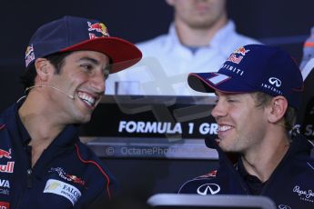 World © Octane Photographic Ltd. F1 German GP - Nurburgring. Thursday 4th July 2013 - Press Conference. Infiniti Red Bull Racing RB9 - Sebastian Vettel talking with Scuderia Toro Rosso STR 8 - Daniel Ricciardo. Digital Ref : 0738lw1d3082