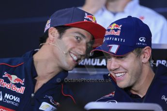 World © Octane Photographic Ltd. F1 German GP - Nurburgring. Thursday 4th July 2013 - Press Conference. Infiniti Red Bull Racing RB9 - Sebastian Vettel talking with Scuderia Toro Rosso STR 8 - Daniel Ricciardo. Digital Ref : 0738lw1d3088