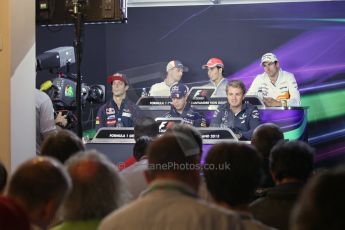 World © Octane Photographic Ltd. F1 German GP - Nurburgring. Thursday 4th July 2013 - Press Conference. Infiniti Red Bull Racing RB9 - Sebastian Vettel, Sauber C32 - Nico Hulkenberg, Mercedes AMG Petronas F1 W04 - Nico Rosberg, Scuderia Toro Rosso STR 8 - Daniel Ricciardo, Sahara Force India VJM06 - Adrian Sutil, Vodafone McLaren Mercedes MP4/28 - Sergio Perez . Digital Ref : 0738lw1d43016