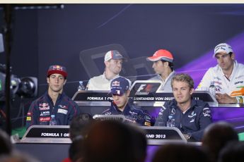 World © Octane Photographic Ltd. F1 German GP - Nurburgring. Thursday 4th July 2013 - Press Conference. Infiniti Red Bull Racing RB9 - Sebastian Vettel, Sauber C32 - Nico Hulkenberg, Mercedes AMG Petronas F1 W04 - Nico Rosberg, Scuderia Toro Rosso STR 8 - Daniel Ricciardo, Sahara Force India VJM06 - Adrian Sutil, Vodafone McLaren Mercedes MP4/28 - Sergio Perez . Digital Ref : 0738lw1d43018