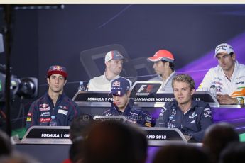 World © Octane Photographic Ltd. F1 German GP - Nurburgring. Thursday 4th July 2013 - Press Conference. Infiniti Red Bull Racing RB9 - Sebastian Vettel, Sauber C32 - Nico Hulkenberg, Mercedes AMG Petronas F1 W04 - Nico Rosberg, Scuderia Toro Rosso STR 8 - Daniel Ricciardo, Sahara Force India VJM06 - Adrian Sutil, Vodafone McLaren Mercedes MP4/28 - Sergio Perez . Digital Ref :  0738lw1d43018