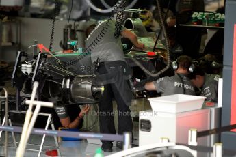 World © Octane Photographic Ltd. F1 British GP - Silverstone, Friday 28th June 2013 - Practice 1. Mercedes AMG Petronas F1 W04 Garage. Digital Ref : 0724ce1d6629