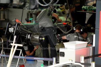 World © Octane Photographic Ltd. F1 British GP - Silverstone, Friday 28th June 2013 - Practice 1. Mercedes AMG Petronas F1 W04 Garage. Digital Ref : 0724ce1d6630