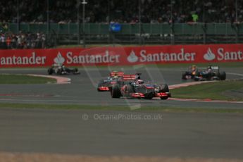 World © Octane Photographic Ltd. F1 British GP - Silverstone, Sunday 30th June 2013 - Race. Vodafone McLaren Mercedes MP4/28 - Jenson Button and Sergio Perez in formation. Digital Ref : 0734lw1d2494
