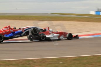 World © Octane Photographic Ltd. 2013 Protyre Formula Renault Championship – Donington Park, Sunday 14th April 2013 - Race 1. Pietro Fittipaldi hitting Jake Cook - Hillspeed. Jamun Racing. Digital ref : 0634lw7d5283