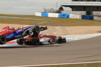 World © Octane Photographic Ltd. 2013 Protyre Formula Renault Championship – Donington Park, Sunday 14th April 2013 - Race 1. Pietro Fittipaldi hitting Jake Cook - Hillspeed. Jamun Racing. Digital ref : 0634lw7d5284