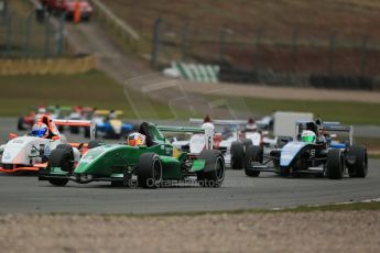 World © Octane Photographic Ltd. 2013 Protyre Formula Renault Championship – Donington Park, Sunday 14th April 2013 - Race 2. Weiron Tan - Fortec Motorsports, Caterham Academy leads the pack. Digital ref : 0635lw1d3569