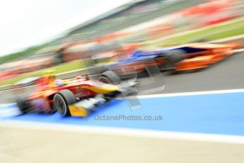 World © Octane Photographic Ltd. GP2 British GP, Silverstone, Friday 28th June 2013. Qualifying. Fabio Leimer- Racing Engineering and Robin Frijns - Hilmer Motorsport go wheel-to-wheel in the pitlane. Digital Ref: 0727ce1d7404