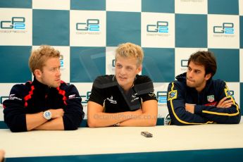 World © Octane Photographic Ltd. GP2 British GP, Silverstone, Friday 28th June 2013. Qualifying press conference. Marcus Ericsson - DAMS, Sam Bird - Russian Time, Felipe Nasr - Carlin. Digital Ref :