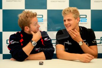 World © Octane Photographic Ltd. GP2 British GP, Silverstone, Friday 28th June 2013. Qualifying press conference. Marcus Ericsson - DAMS, Sam Bird - Russian Time. Digital Ref :