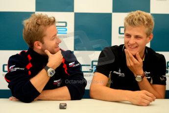 World © Octane Photographic Ltd. GP2 British GP, Silverstone, Friday 28th June 2013. Qualifying press conference. Marcus Ericsson - DAMS, Sam Bird - Russian Time. Digital Ref :