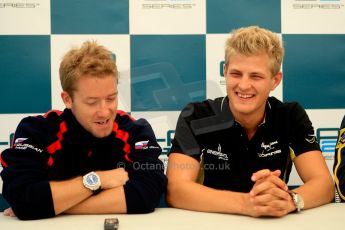 World © Octane Photographic Ltd. GP2 British GP, Silverstone, Friday 28th June 2013. Qualifying press conference. Marcus Ericsson - DAMS, Sam Bird - Russian Time. Digital Ref :