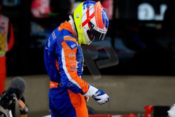 World © Octane Photographic Ltd./Chris Enion. GP2 British GP, Silverstone, Sunday 30th June 2013. Race 2 winner Jon Lancaster - Hilmer Motorsport celebrates in Parc Ferme. Digital Ref : 0732ce1d9530